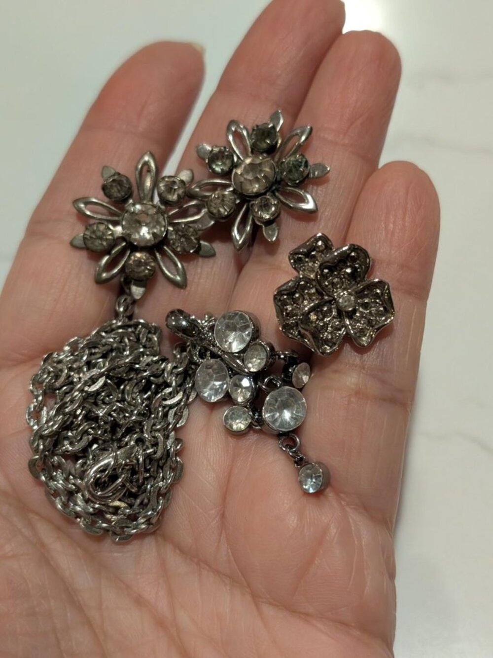 Vintage Rhinestone Jewelry Set: Floral Earrings, Floral Brooch, Necklace